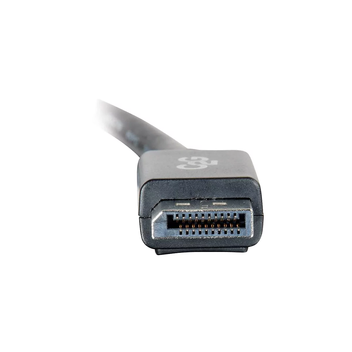 Nahaufnahme eines schwarzen DisplayPort-Kabels, Stecker im Fokus. Die Steckerstifte und das Logo sind erkennbar.