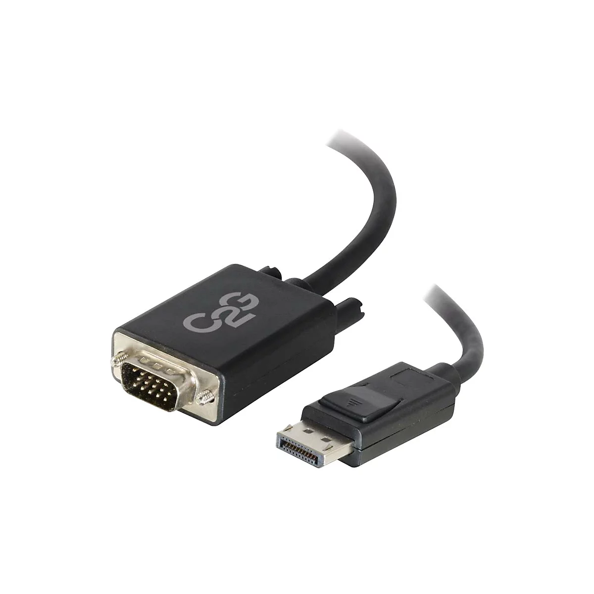 Schwarzes C2G-Kabel: VGA-Stecker und DisplayPort-Stecker sind durch ein Kabel verbunden.
