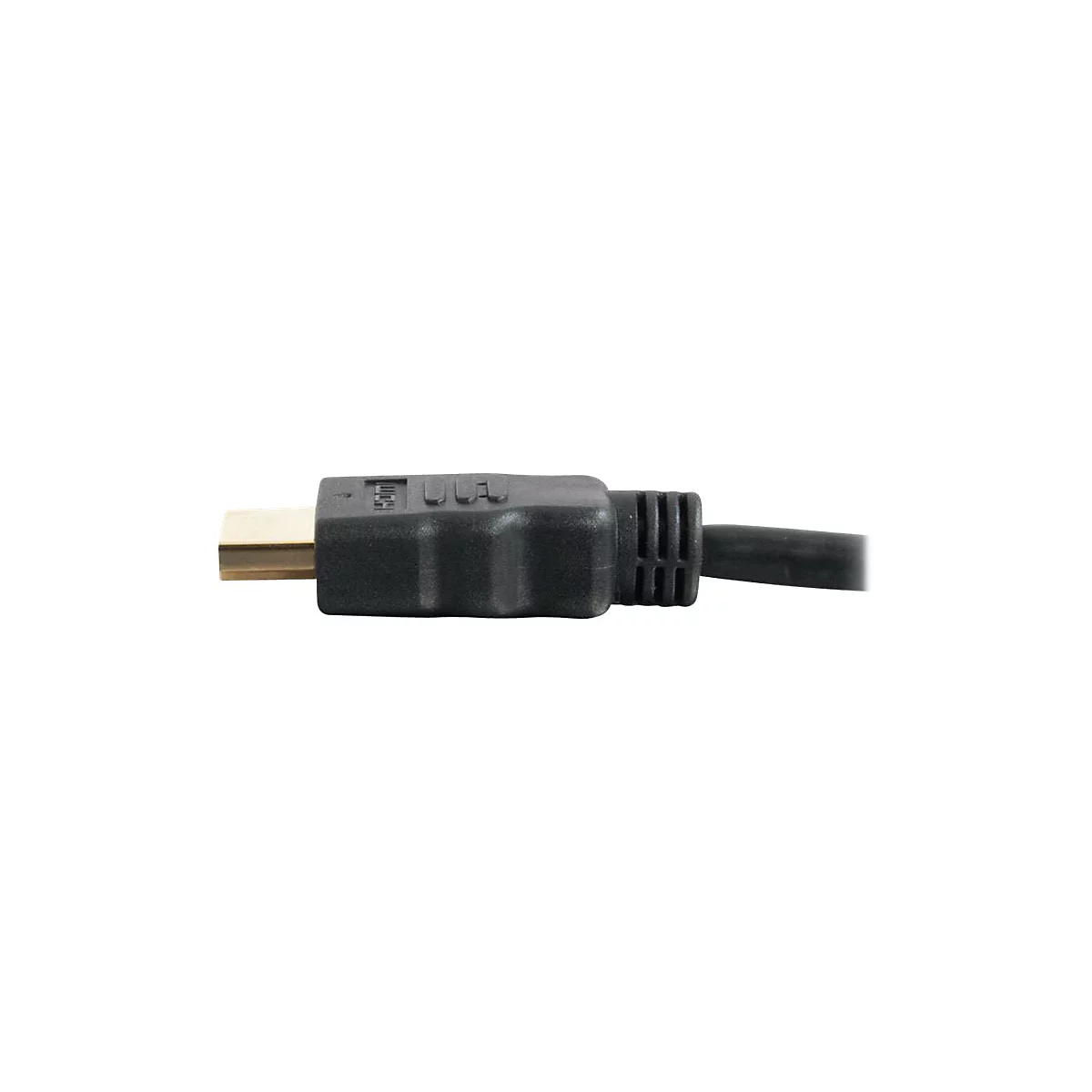 Nahaufnahme eines HDMI-Kabels mit schwarzem Stecker und goldenem Anschluss.