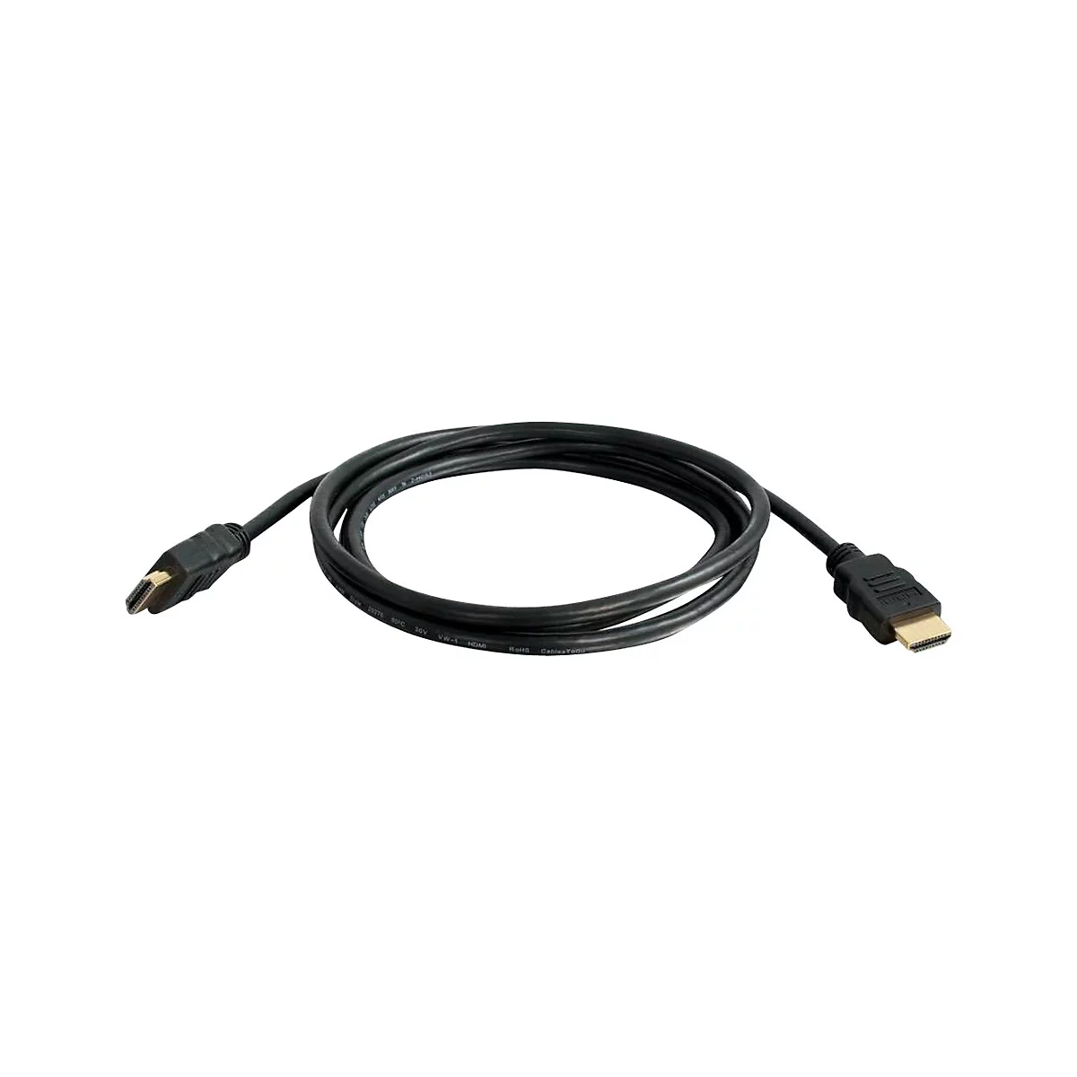 Schwarzes HDMI-Kabel, gewellt auf weißem Hintergrund.