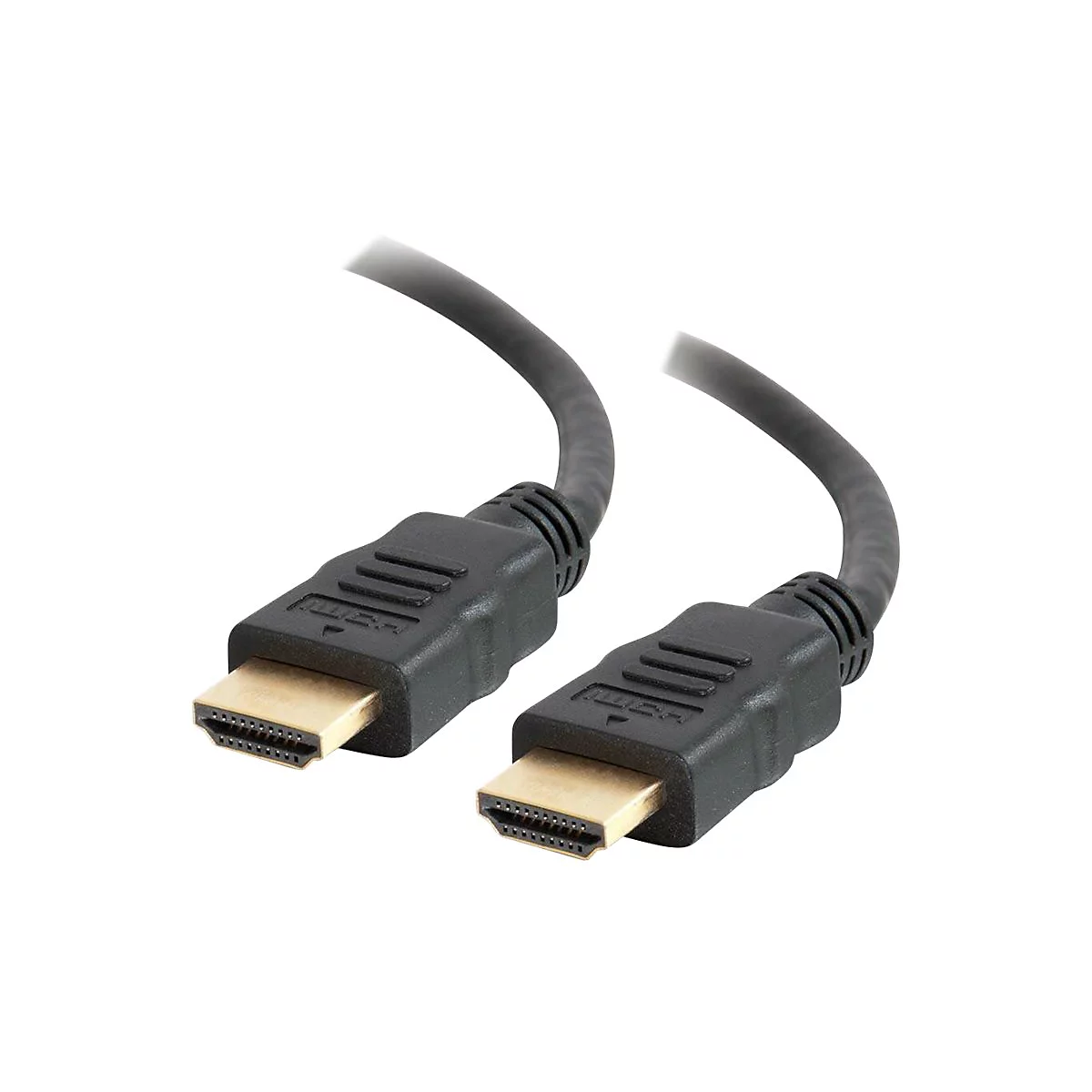 Zwei schwarze HDMI-Kabel mit goldenen Steckern, vor weißem Hintergrund.