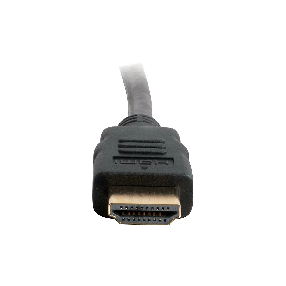 Nahaufnahme eines schwarzen HDMI-Kabels mit goldenem Anschluss.