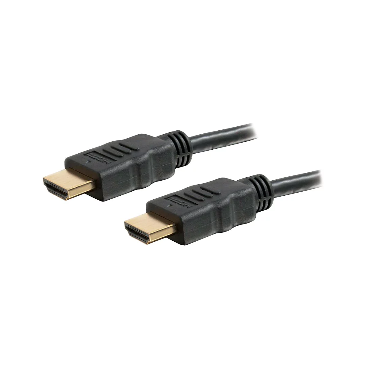 Zwei schwarze HDMI-Kabel mit goldenen Steckern und geriffelten Kabelenden.
