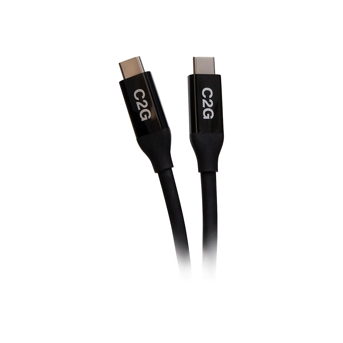 Zwei schwarze USB-C-Kabel nebeneinander, mit silbernen Steckern und C2G-Logo.