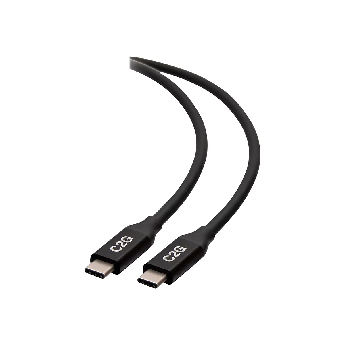 Schwarzes C2G-USB-C-Kabel auf weißem Hintergrund.