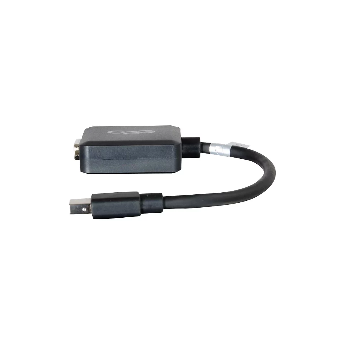 Ein schwarzer Adapter mit einem VGA-Anschluss, einem Mini-DisplayPort-Anschluss und einem kurzen Kabel.