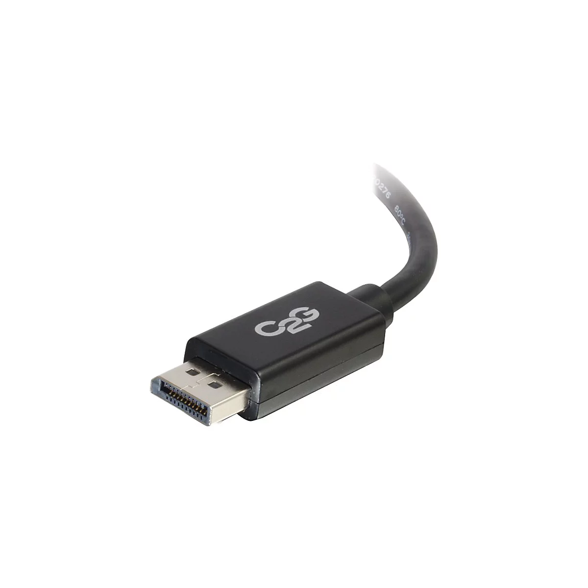 Schwarzes DisplayPort-Kabel mit Stecker und Kabel. Auf dem Stecker das C2G-Logo.