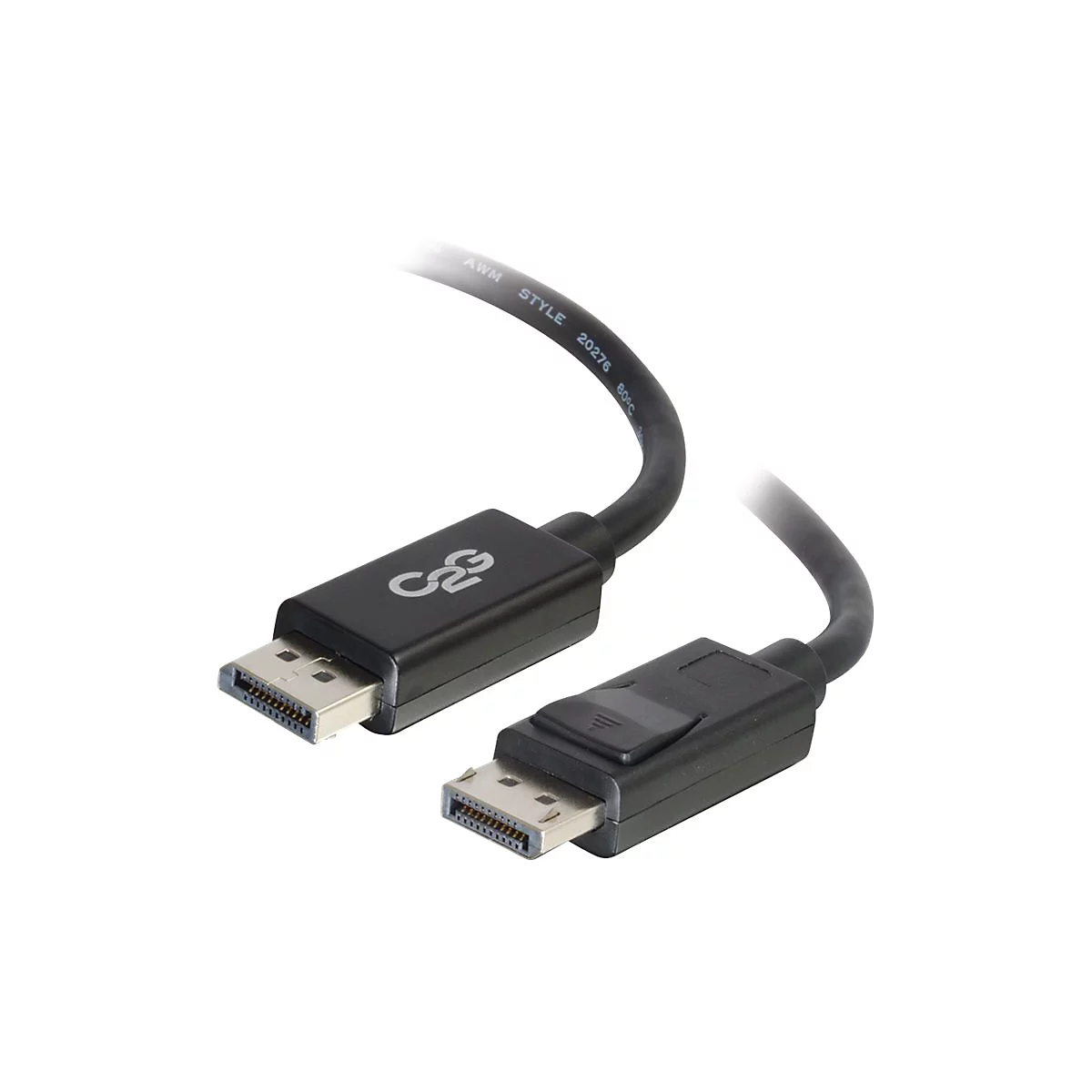 Schwarzes DisplayPort-Kabel mit Steckern. Auf einem Stecker steht "C2G".