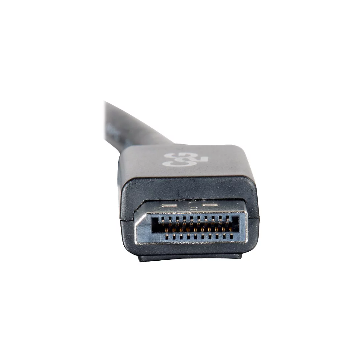 Nahaufnahme eines DisplayPort-Steckers. Der Stecker ist schwarz mit einem Metallgehäuse. Darin sind goldene Pins zu sehen.