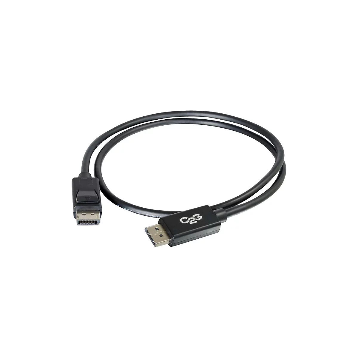 Schwarzes DisplayPort-Kabel mit Steckern an beiden Enden.