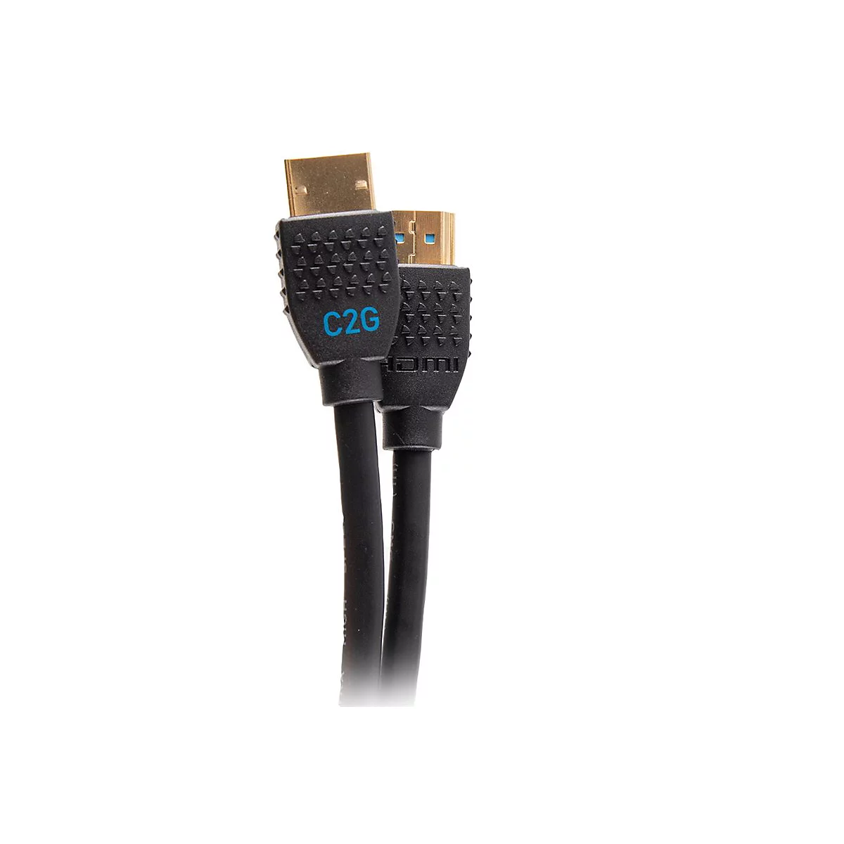 Zwei schwarze HDMI-Kabel mit goldfarbenen Anschlüssen. Auf einem Stecker steht "C2G" in Blau.