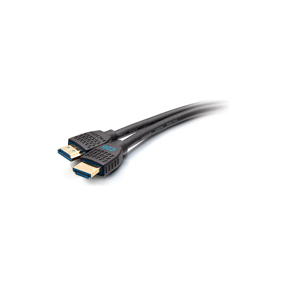 Zwei schwarze HDMI-Kabel mit blauen und goldenen Steckern auf weißem Hintergrund.