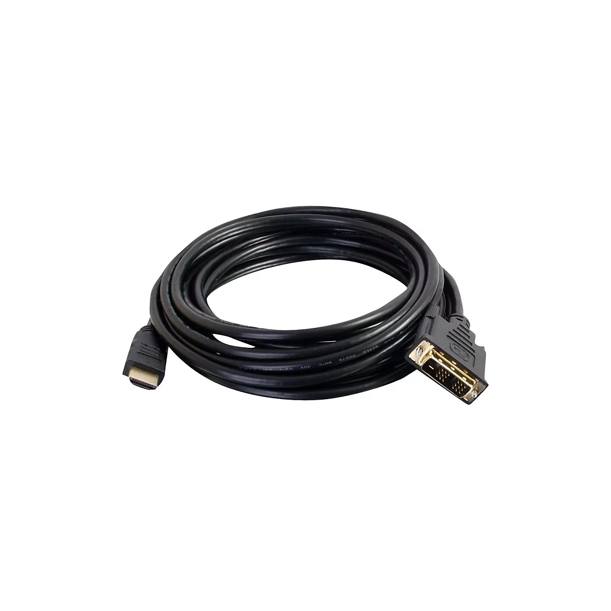 Ein schwarzes HDMI-DVI-Kabel, gerollt vor weißem Hintergrund. Der DVI-Stecker hat vergoldete Kontakte.