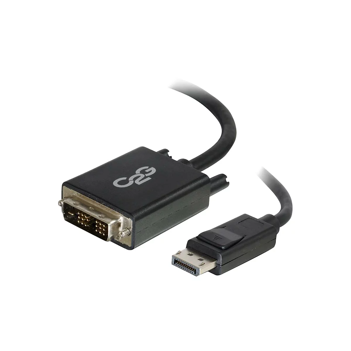 Schwarzes DVI-zu-DisplayPort-Kabel. Auf dem DVI-Stecker ist das C2G-Logo zu sehen.