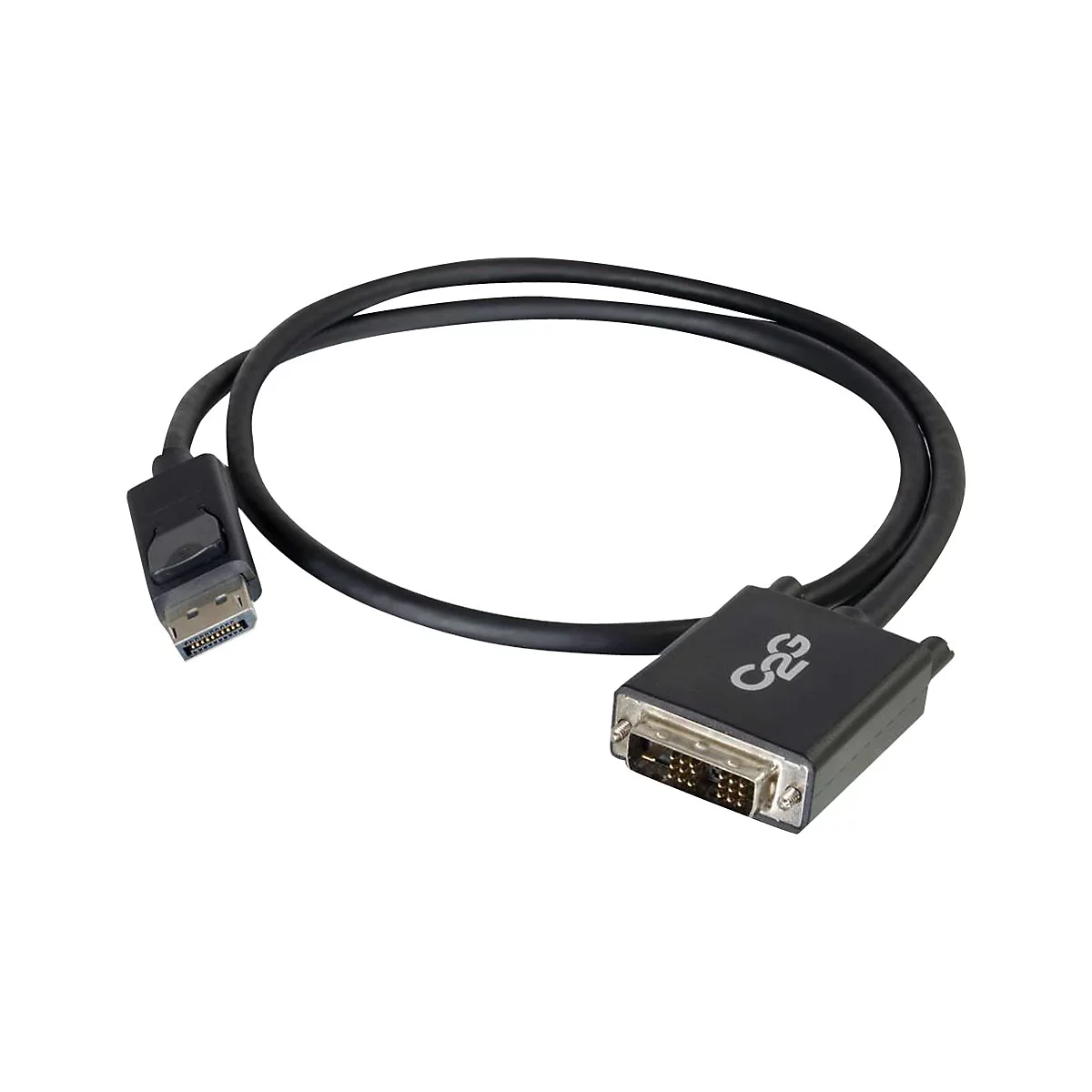 Schwarzes DisplayPort-auf-DVI-Kabel. Auf einem Ende DisplayPort-Stecker, auf dem anderen DVI-Stecker.