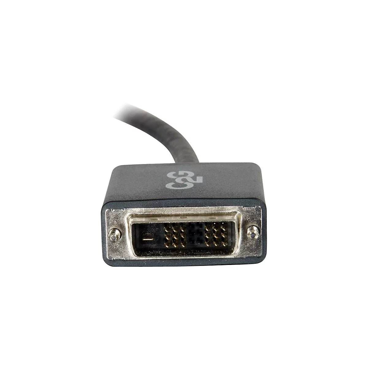 Nahaufnahme eines schwarzen DVI-Kabels mit Metallkontakten und C&G-Logo.