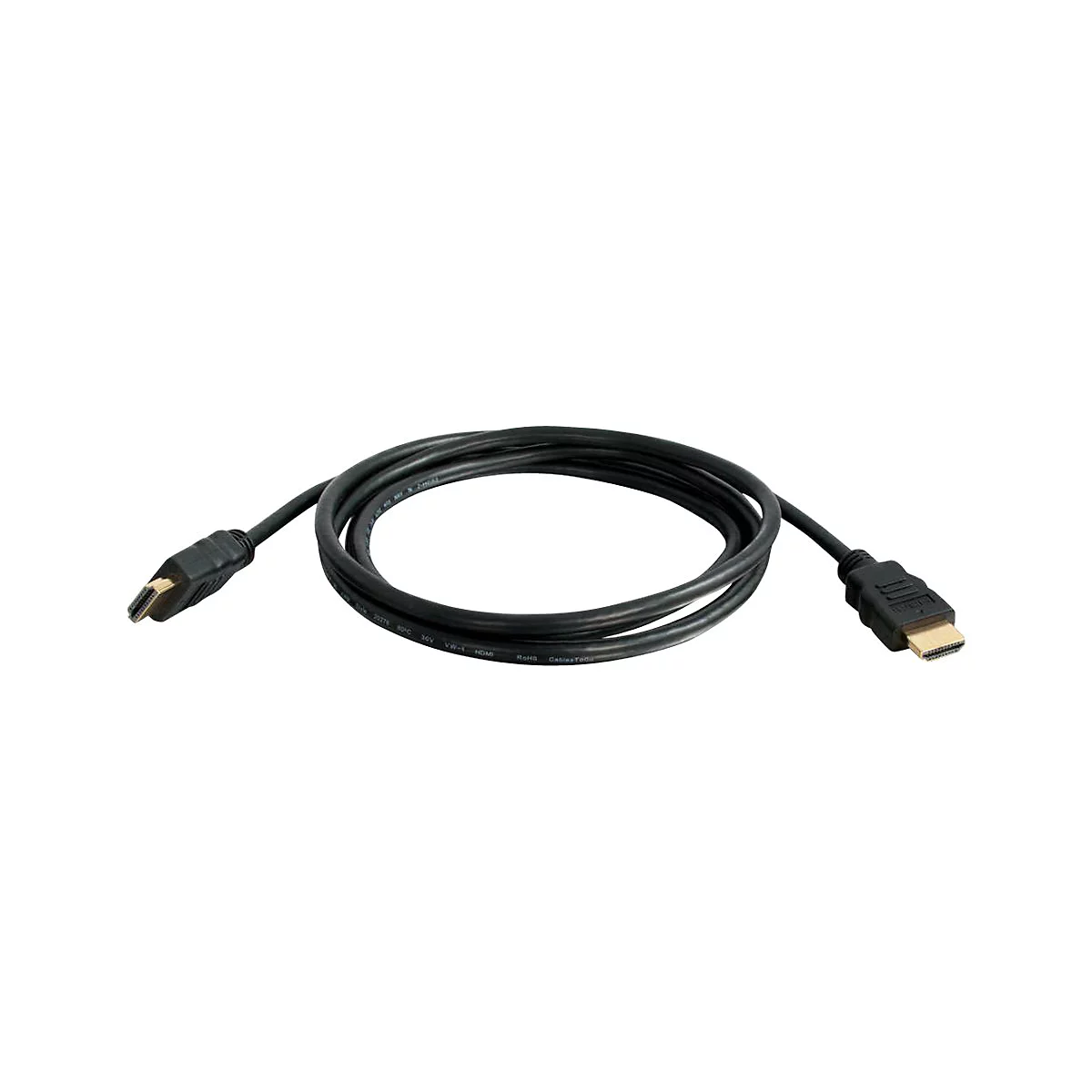 Schwarzes HDMI-Kabel mit Steckern an beiden Enden, auf weißem Hintergrund.