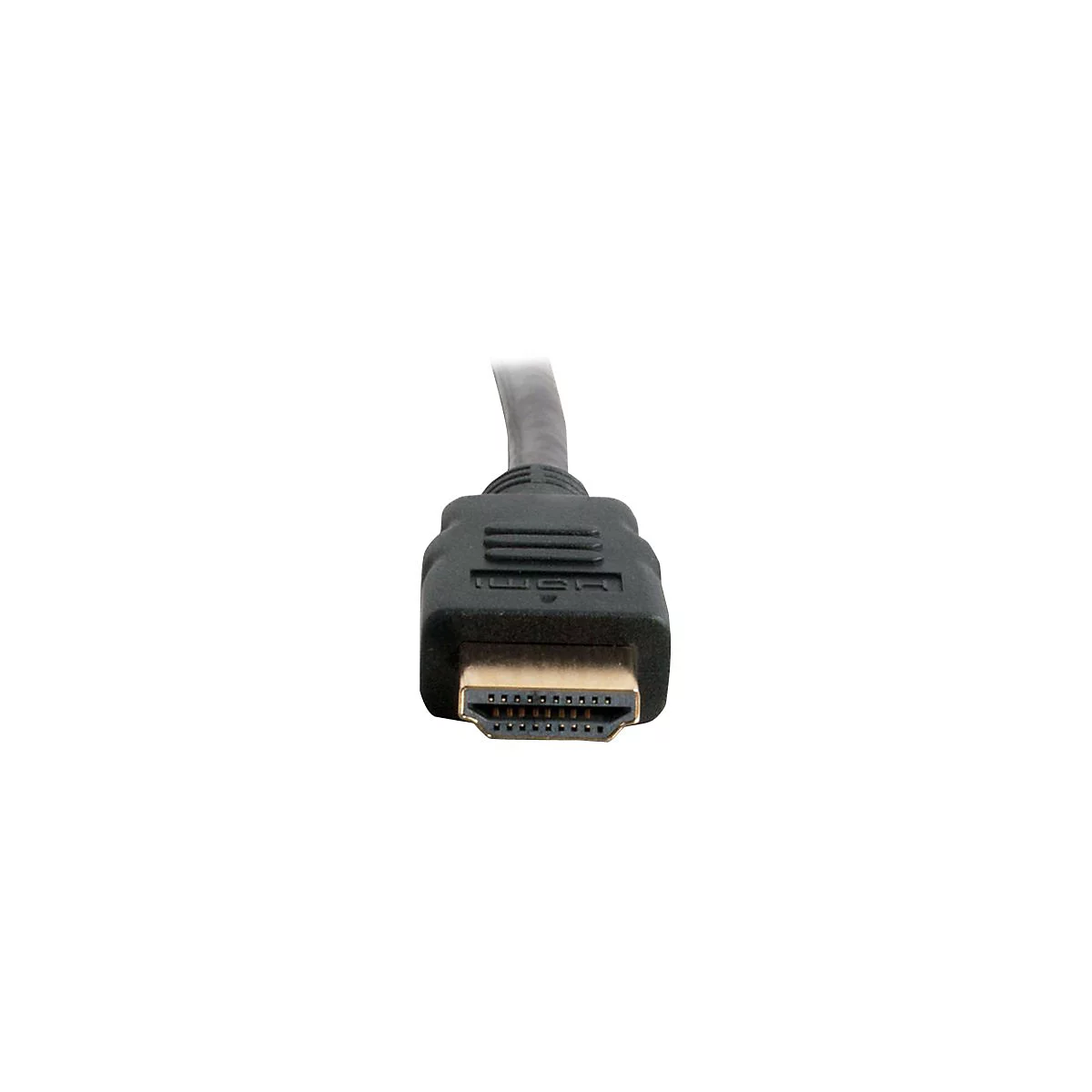 Nahaufnahme eines schwarzen HDMI-Kabels mit goldenem Anschluss, der auf weißem Hintergrund isoliert ist.