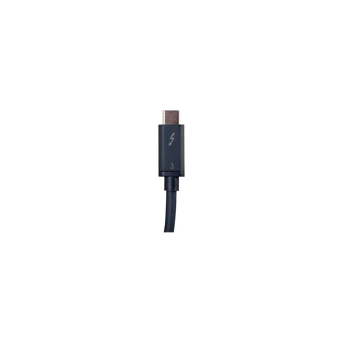 Nahaufnahme eines schwarzen Thunderbolt 3 Kabels mit Blitz-Symbol und der Ziffer 3.