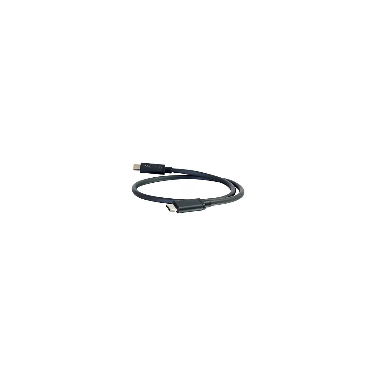 Ein schwarzes Thunderbolt-Kabel mit USB-C-Anschlüssen an beiden Enden. Ein Blitzsymbol ist auf einem der Stecker zu sehen.