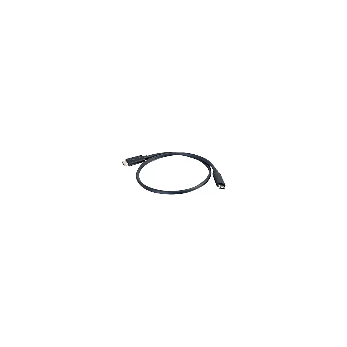 Ein schwarzes USB-C-Kabel auf weißem Hintergrund. An einem Ende befindet sich ein Thunderbolt-Anschluss.