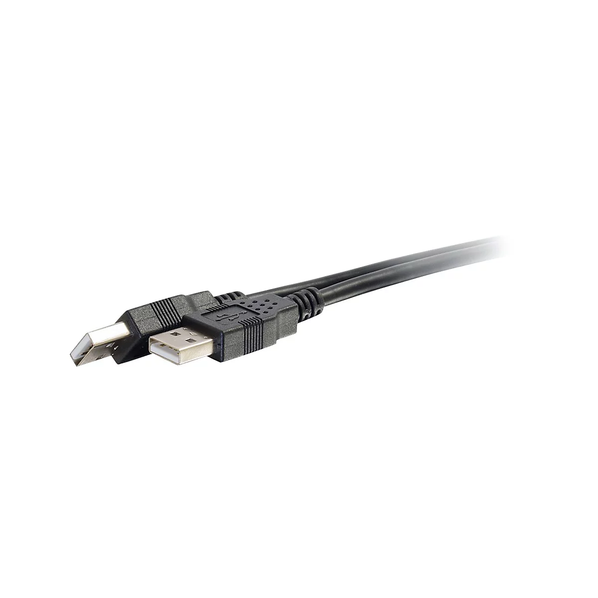 Schwarzes USB-Kabel mit Steckern in Nahaufnahme, vor weißem Hintergrund.