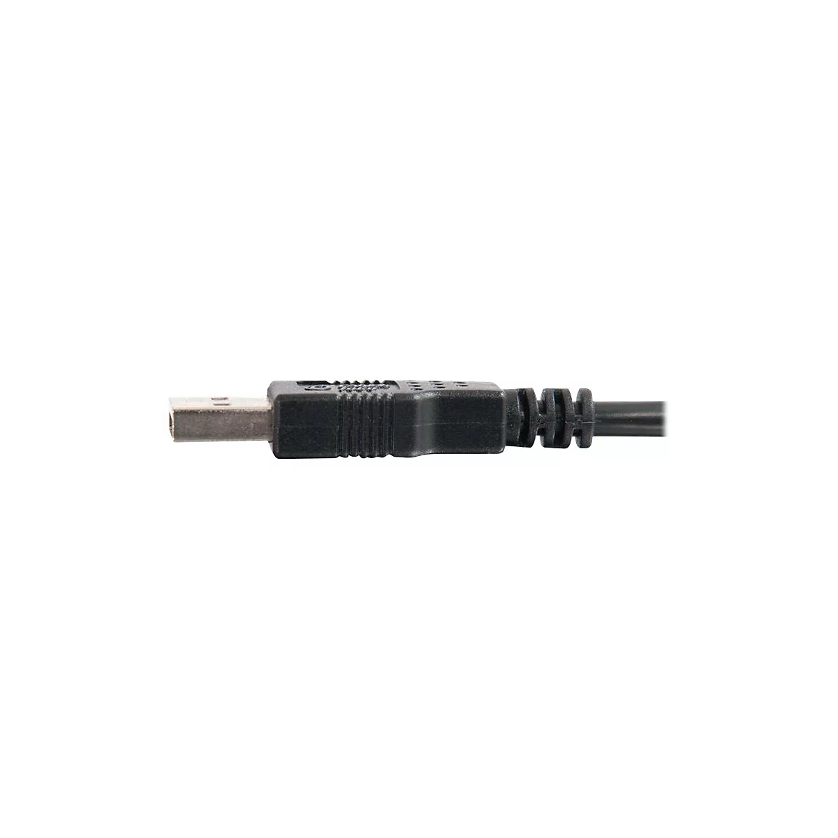 Nahaufnahme eines schwarzen USB-Kabels, Stecker links, Kabel rechts. Der Stecker ist rechteckig mit einem silbernen Anschluss.