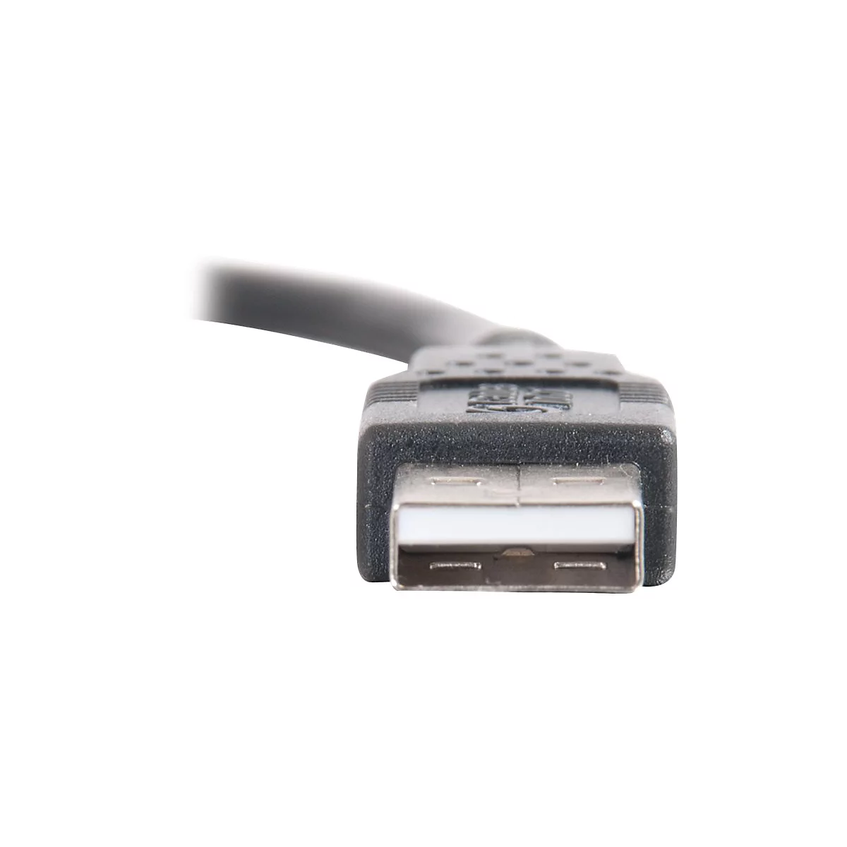 Nahaufnahme eines USB-Kabels, Stecker nach vorne gerichtet.
