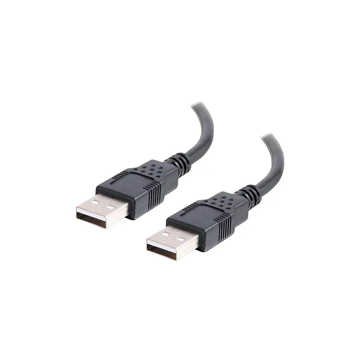 Zwei schwarze USB-Kabel mit silbernen Kontakten, die auf weißem Hintergrund dargestellt werden.