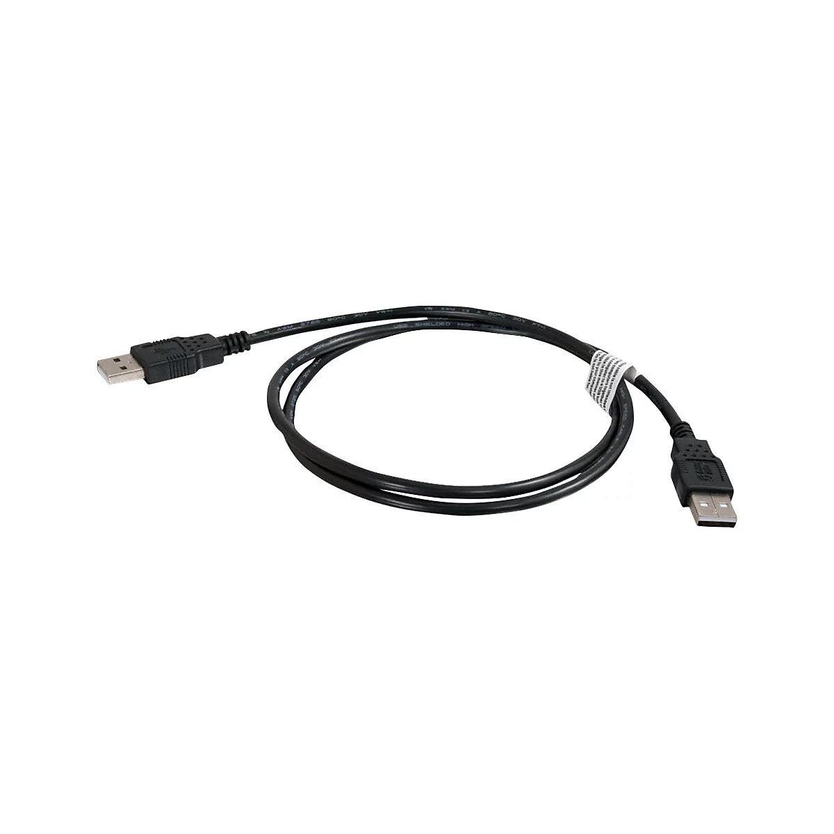 Schwarzes USB-Kabel mit USB-A- und USB-B-Steckern. Der Hintergrund ist weiß.