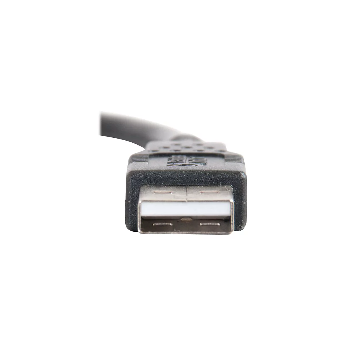 Nahaufnahme eines USB-A-Steckers, schwarz mit silbernem Anschluss. Oben ein Teil des schwarzen Kabels.