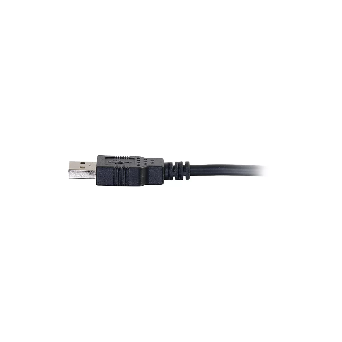 Nahaufnahme eines schwarzen USB-Kabels mit zwei Enden, das auf weißem Hintergrund liegt.