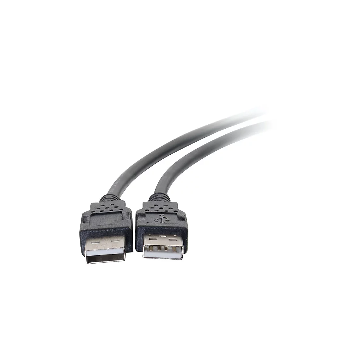 Zwei schwarze USB-Kabel mit Steckern vor weißem Hintergrund. Die Stecker sind rechteckig und haben die Standard-USB-Form.