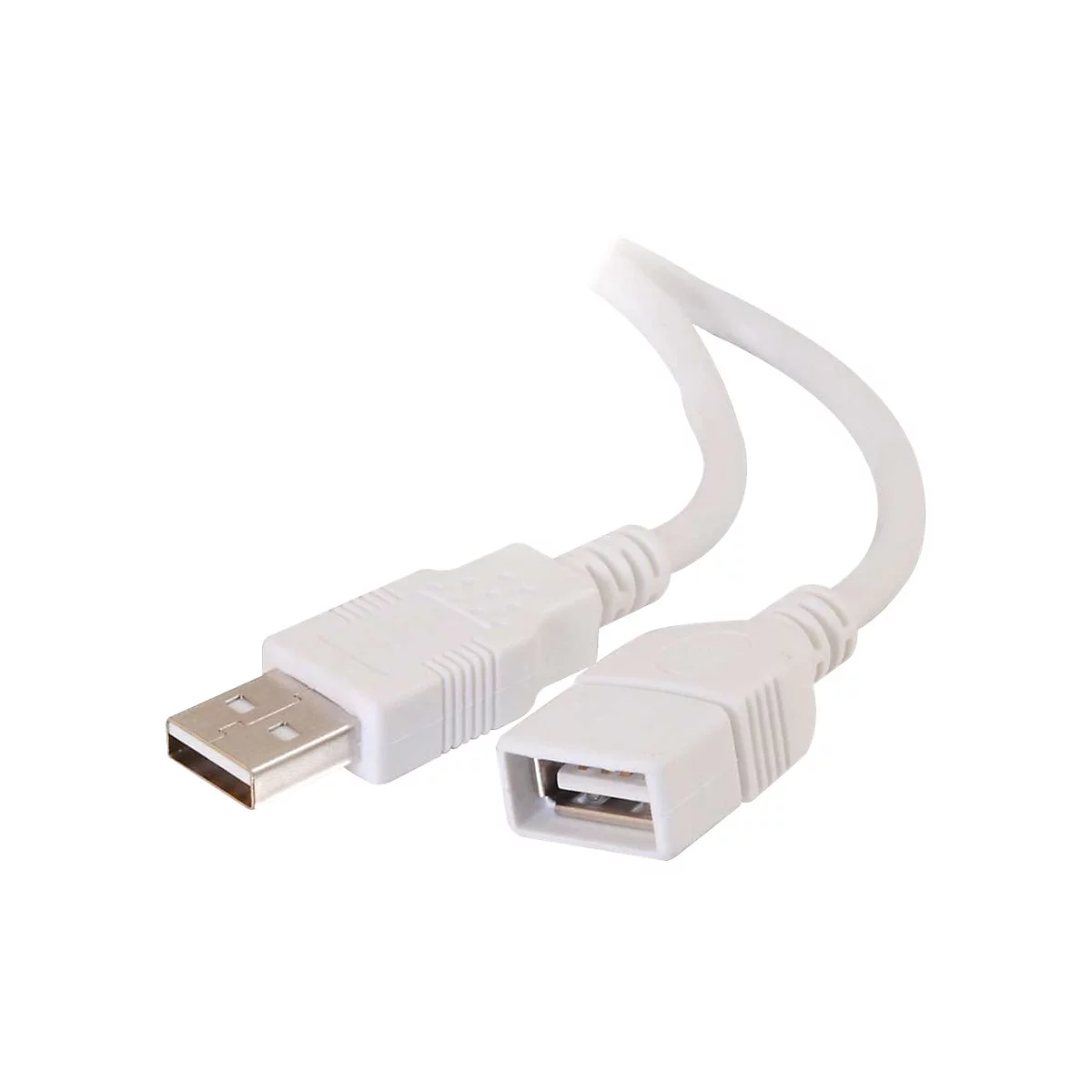 Weißes USB-Verlängerungskabel mit Stecker und Buchse auf weißem Hintergrund.