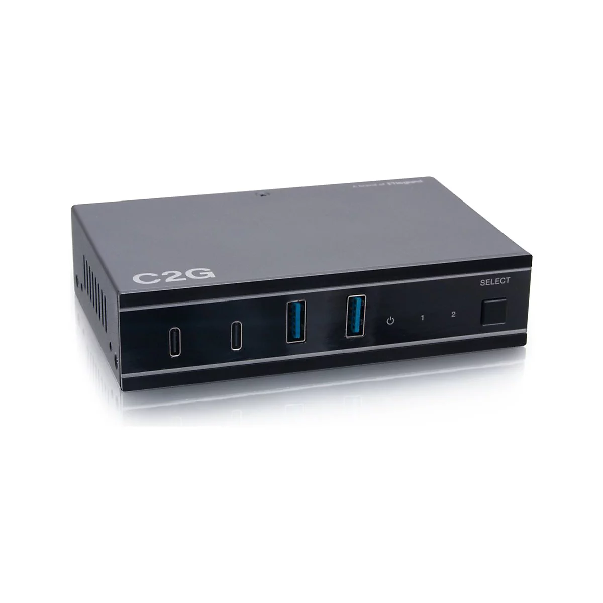 Schwarzer USB-Switch mit Anschlüssen, C2G-Logo und Select-Taste.