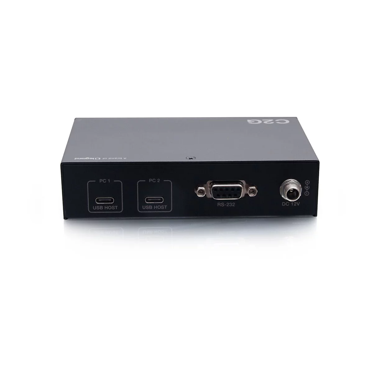 Schwarzes Gerät mit Anschlüssen: USB, RS-232, DC 12V. Aufschrift: PC 1, PC 2, USB Host.