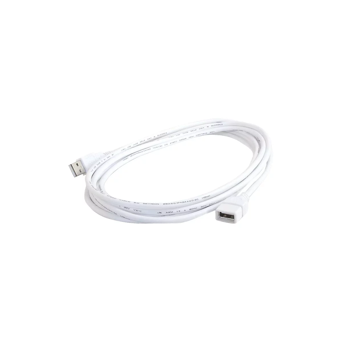 Ein weißes USB-Verlängerungskabel, das auf weißem Hintergrund gewunden liegt. Ein Ende ist ein USB-A-Stecker, das andere eine USB-A-Buchse.