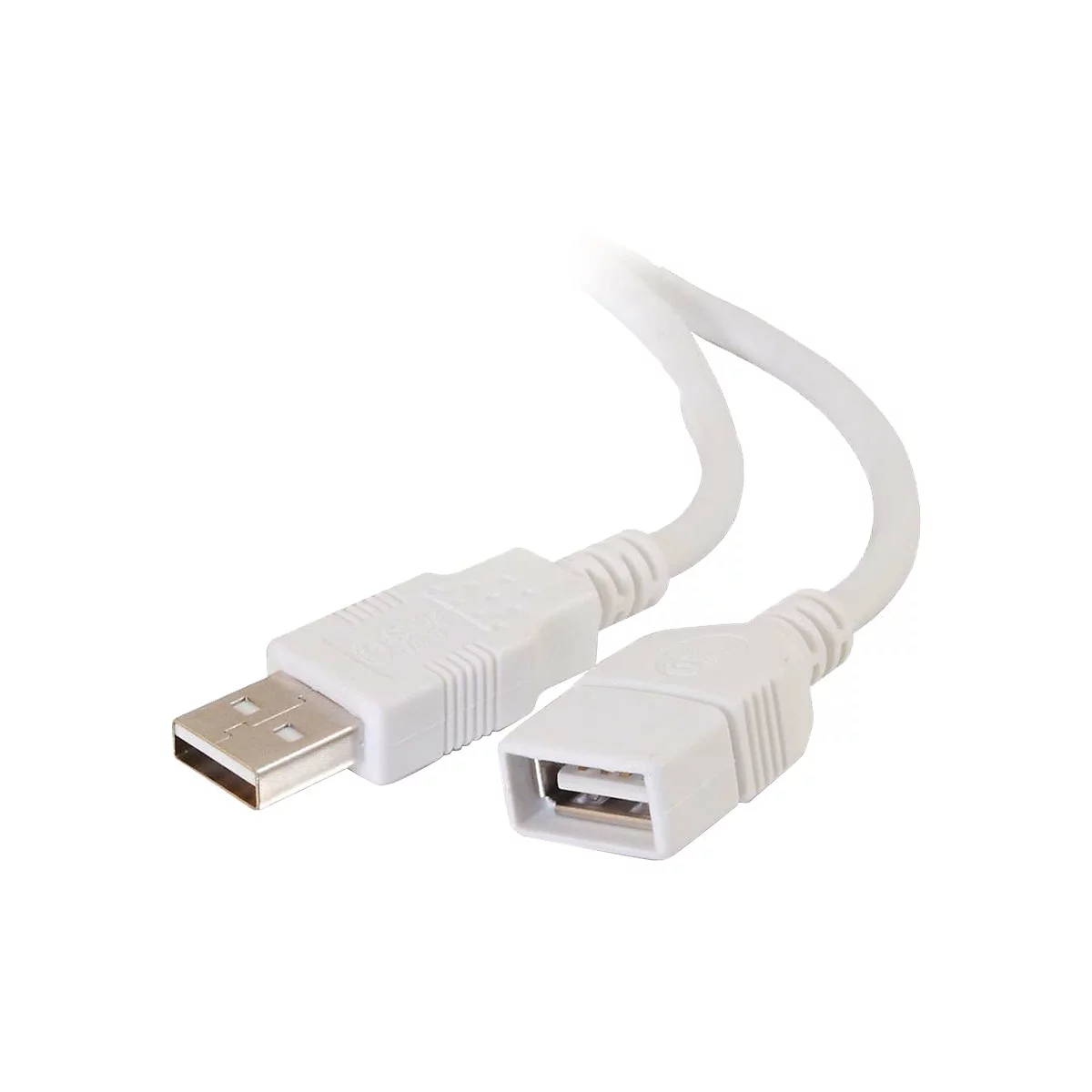 Weißes USB-Verlängerungskabel, Stecker und Buchse, auf weißem Hintergrund.