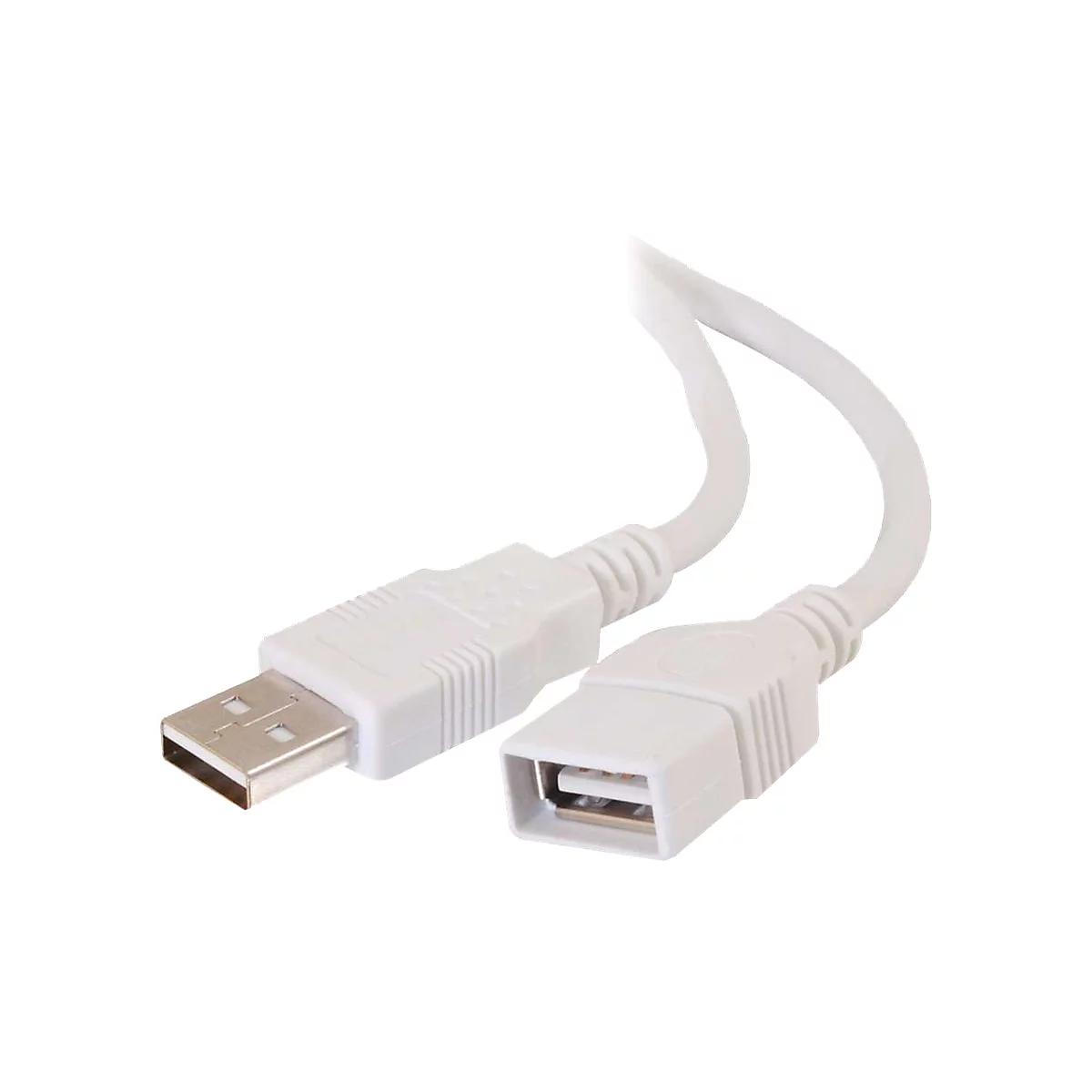 Weißes USB-Kabel mit Stecker und Buchse, isoliert auf weißem Hintergrund.