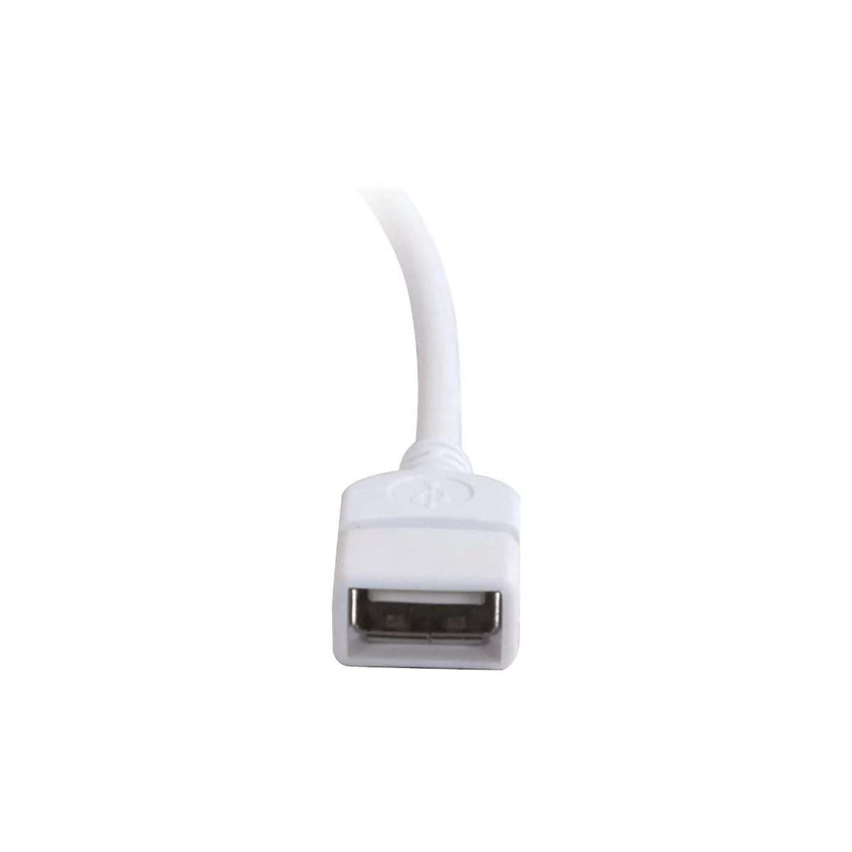 Nahaufnahme eines weißen USB-Adapters mit schwarzem Anschluss, an einem weißen Kabel.