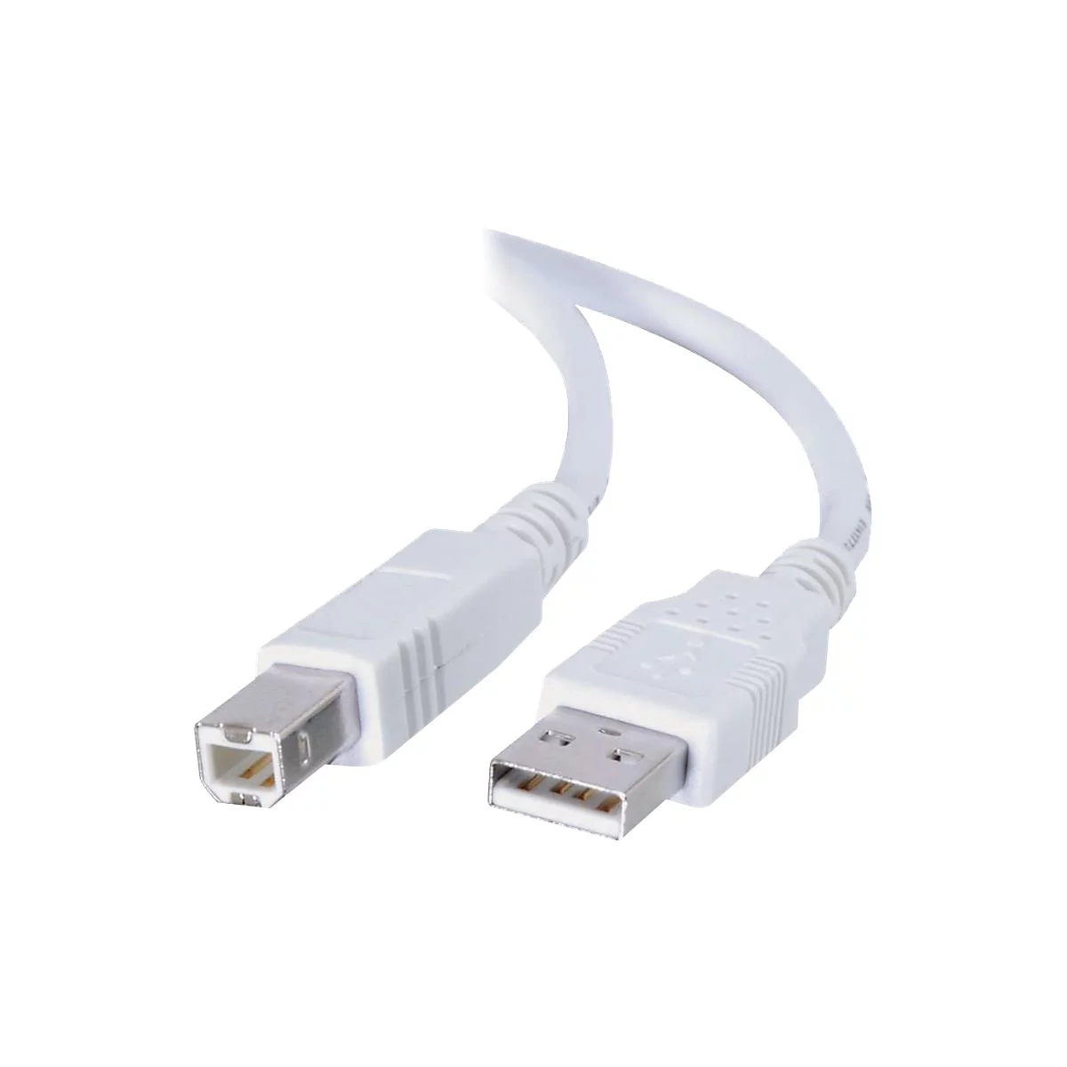 Weißes USB-Kabel, das von links nach rechts verläuft. Stecker und Kabel sind zu sehen.