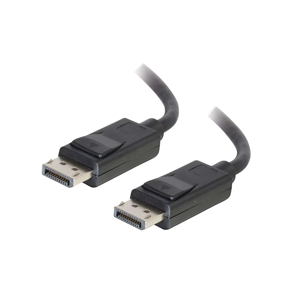 Zwei schwarze DisplayPort-Kabel mit Steckern; weißer Hintergrund.