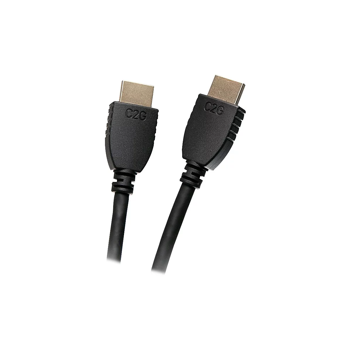 Zwei schwarze HDMI-Kabel mit grauen Steckern, beide zeigen das Logo "C2G" auf den Gehäusen.