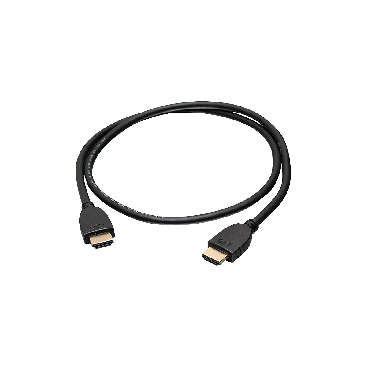 Schwarzes HDMI-Kabel mit Steckern an beiden Enden, das sich in einer Schlaufe auf weißem Hintergrund befindet.