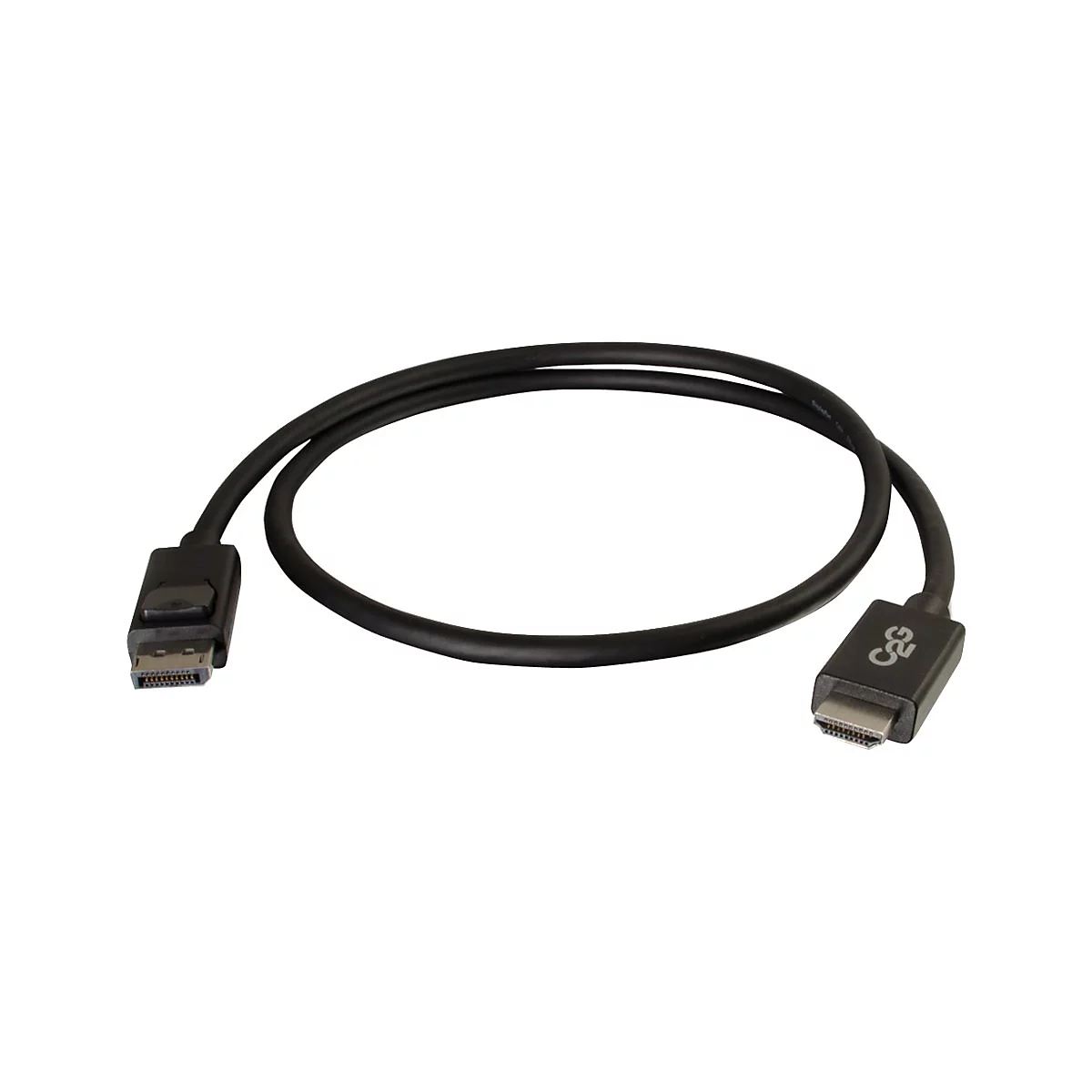 Schwarzes DisplayPort-auf-HDMI-Kabel, gewellt. An den Enden Stecker mit Logo.