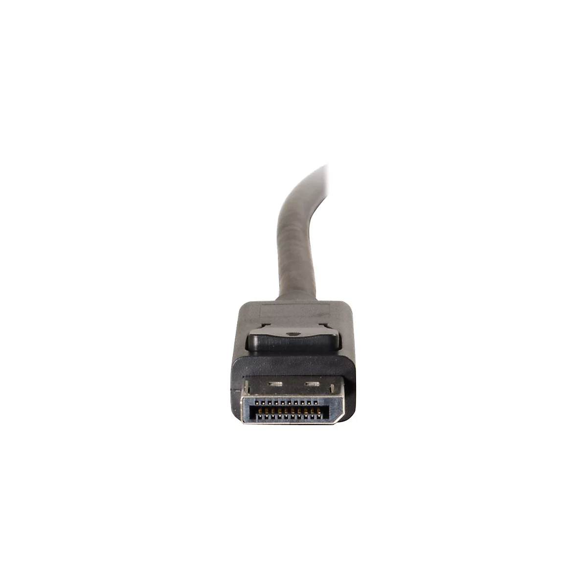 Nahaufnahme eines schwarzen DisplayPort-Kabels, Stecker im Fokus, weißer Hintergrund.