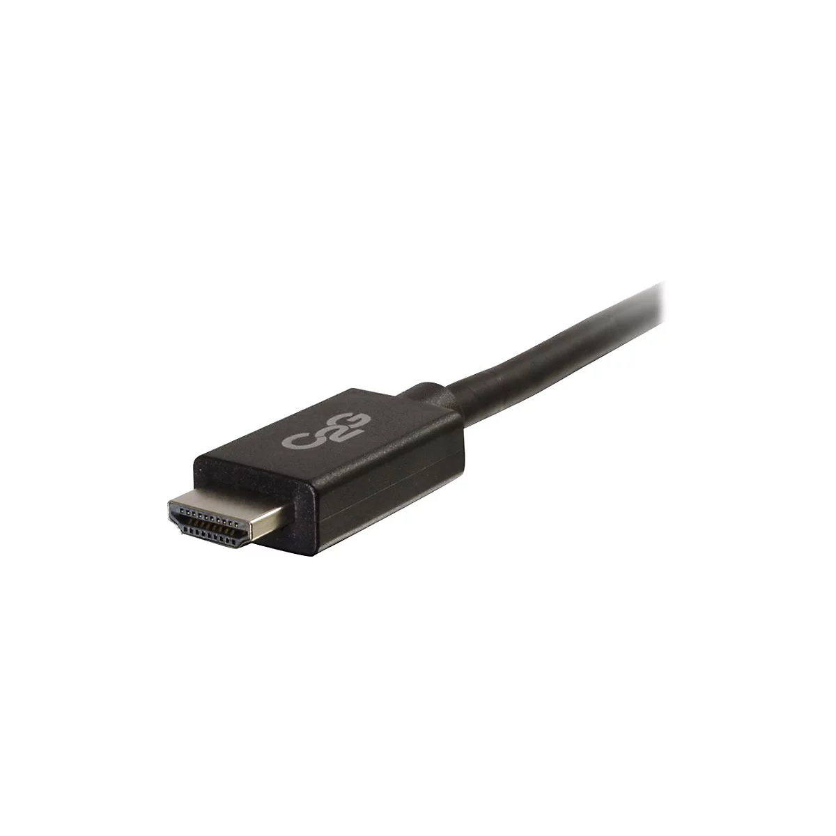 Nahaufnahme eines schwarzen HDMI-Kabels mit Metallanschluss.