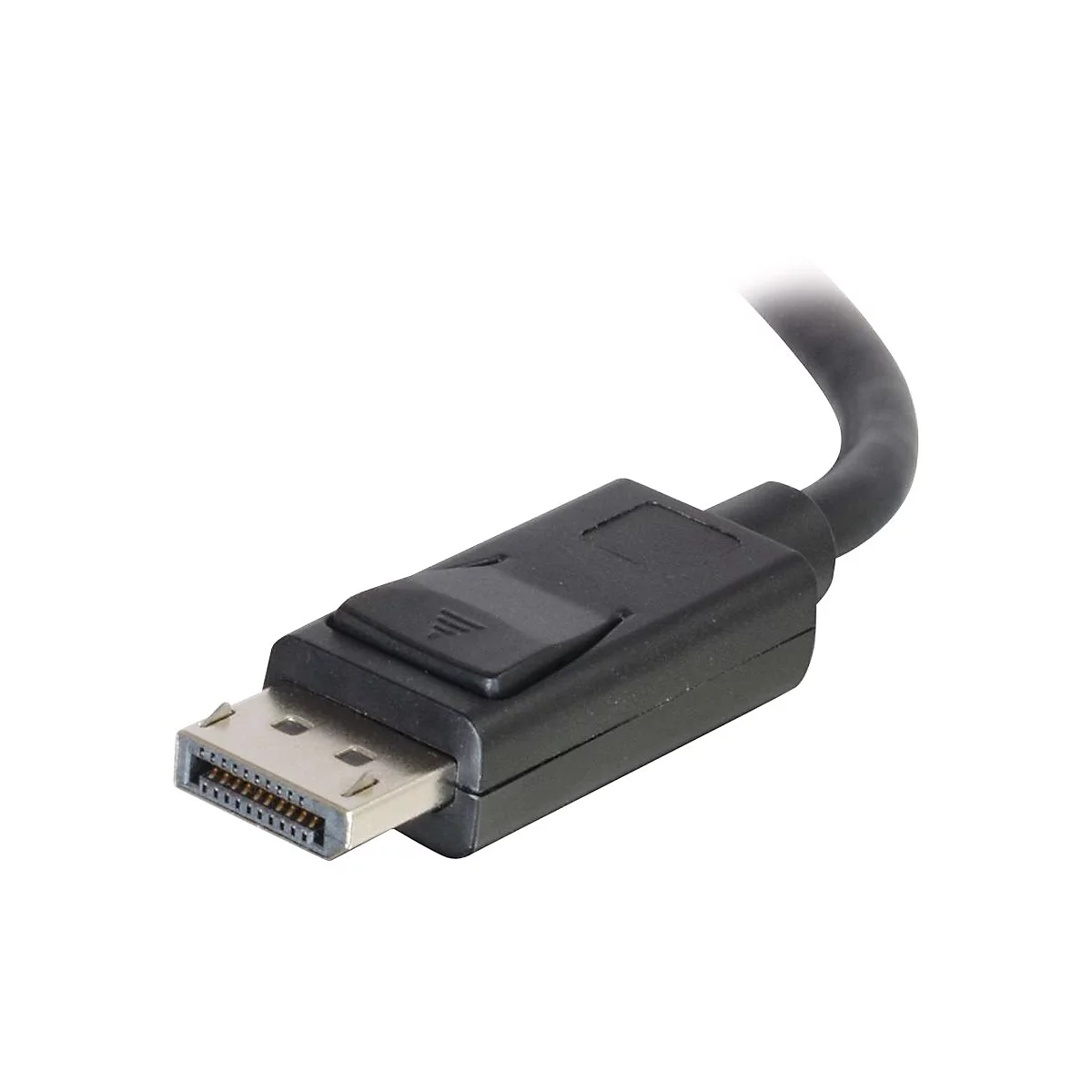 Nahaufnahme eines DisplayPort-Kabels mit schwarzem Stecker und grauem Stecker.