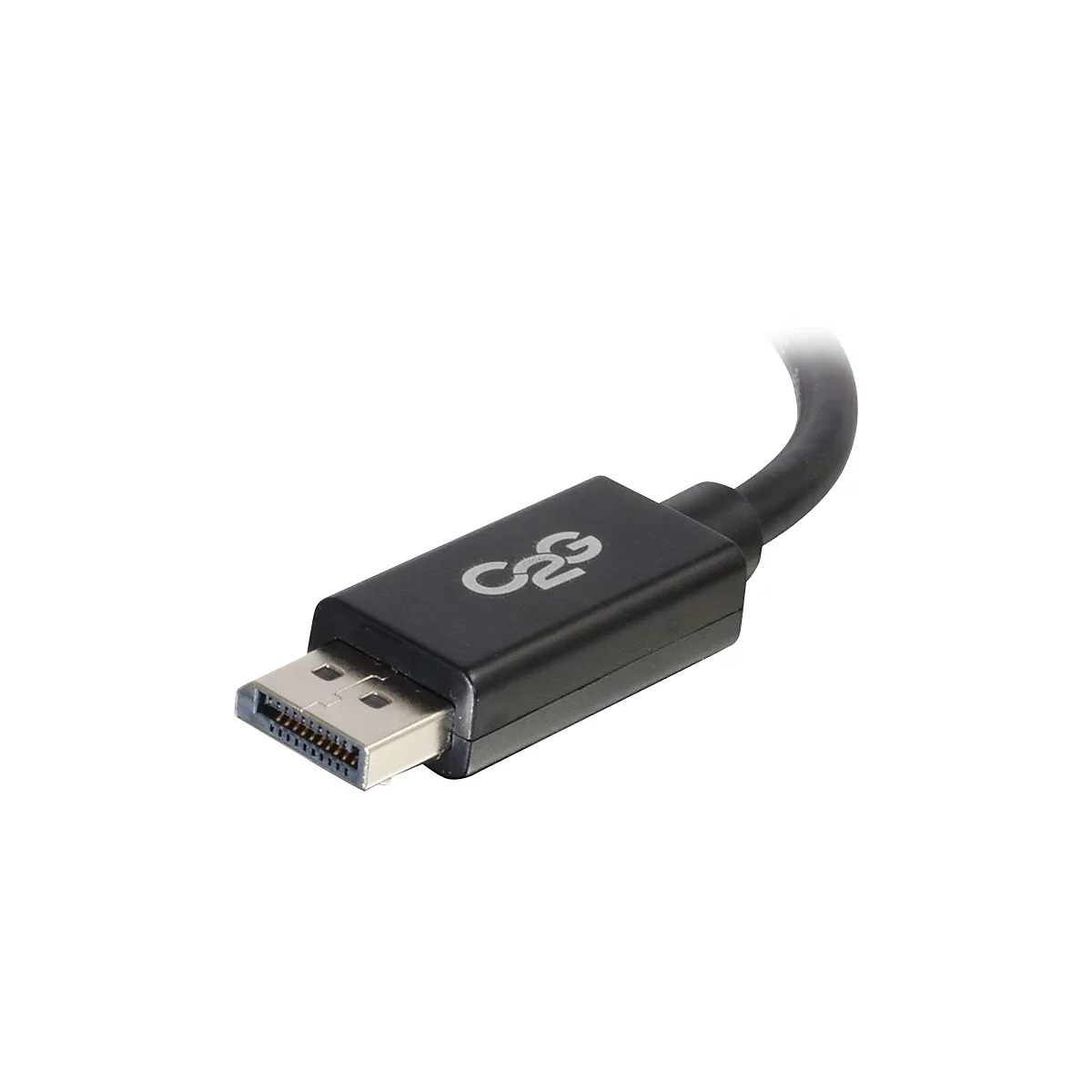 Nahaufnahme eines schwarzen DisplayPort-Kabels mit dem C2G-Logo. Stecker und Kabel sind deutlich sichtbar.