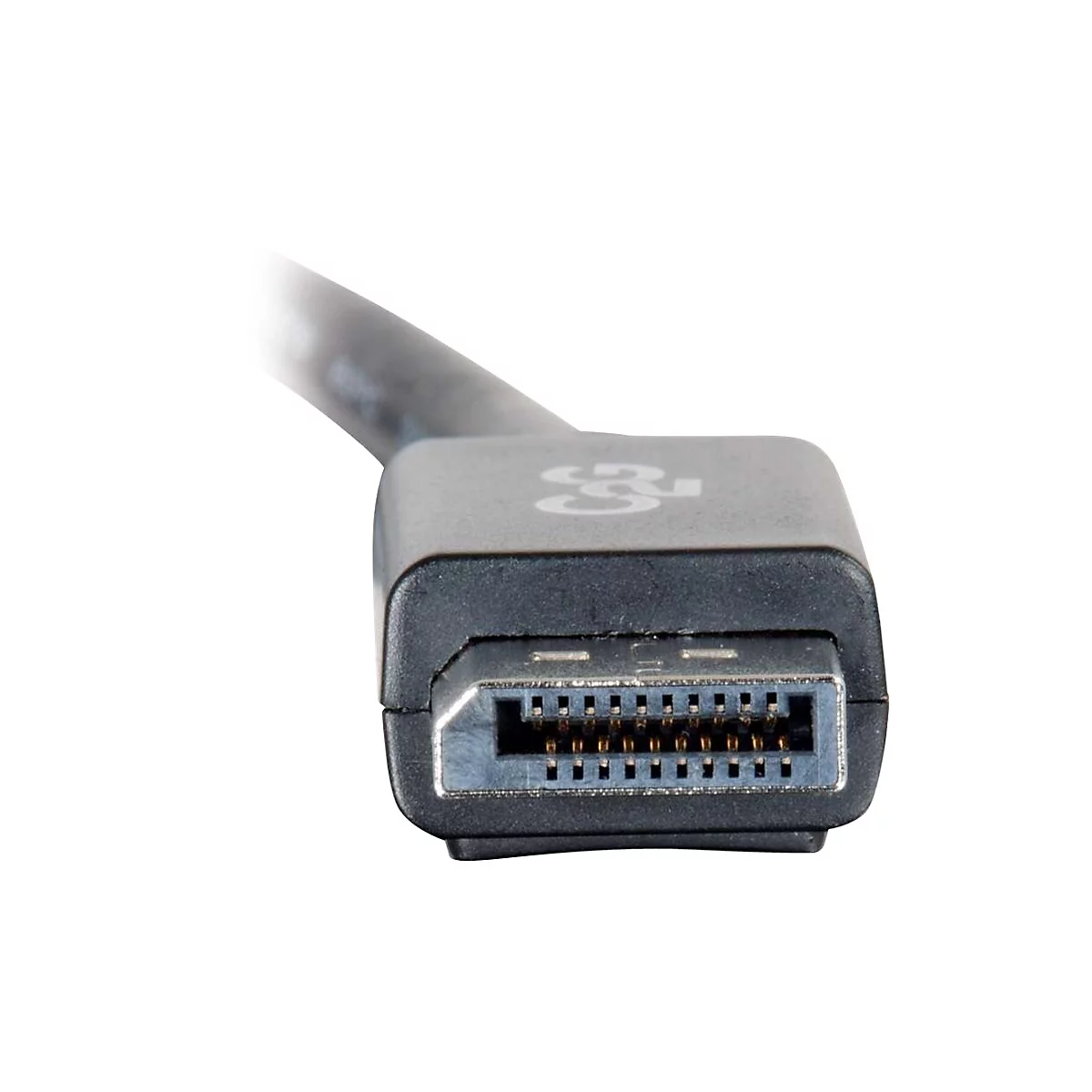 Nahaufnahme eines DisplayPort-Steckers, grauer Kunststoff, silberne Kontakte.